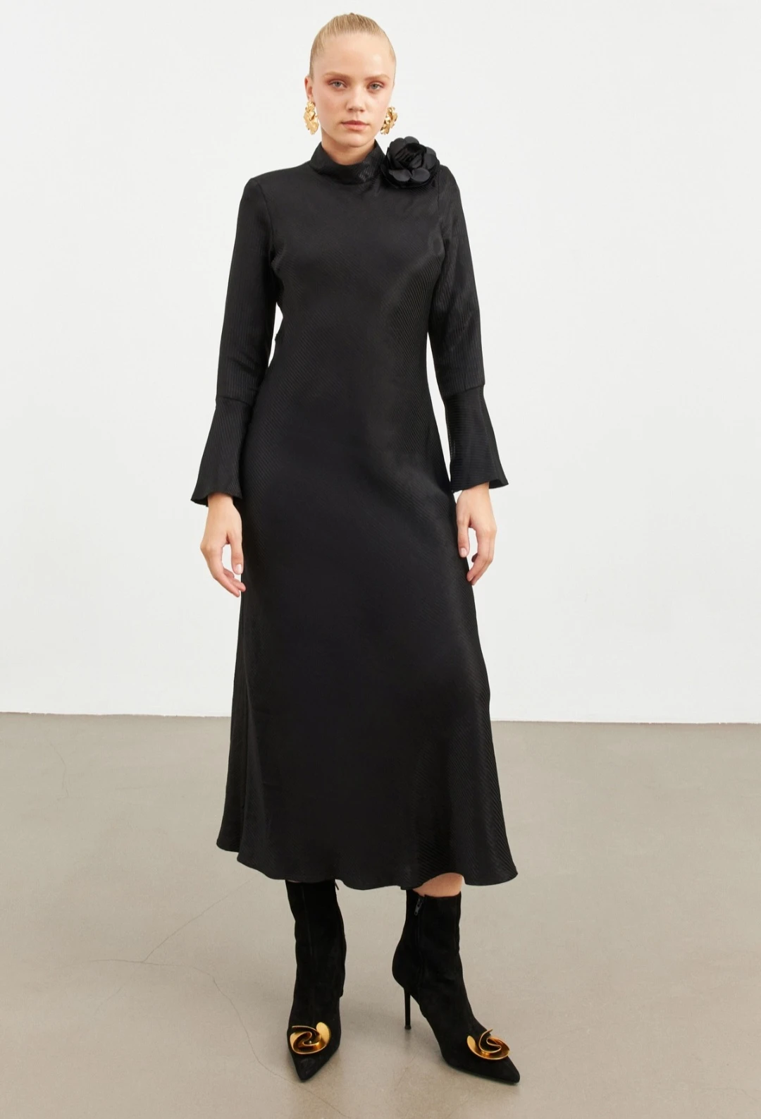 High Neck Flared Dress with Flower Applique