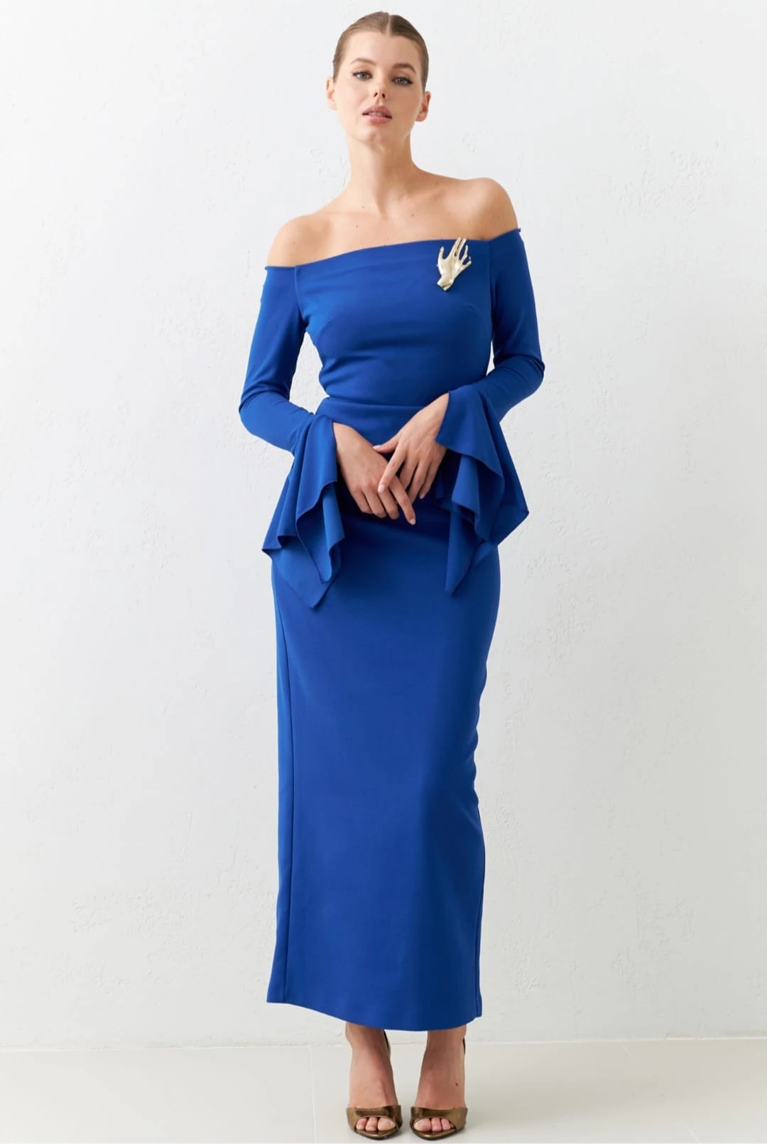 Off-Shoulder Maxi Dress with Brooch